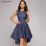 Capucines Ladies Short Before Swallow Tail Dresses Women Sleeveless O-Neck Summer Dress Vintage Printing Party Dress Female