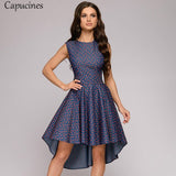 Capucines Ladies Short Before Swallow Tail Dresses Women Sleeveless O-Neck Summer Dress Vintage Printing Party Dress Female