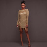 Karlofea Gold Metallic Mini Dress For Female Autumn Sexy Knitted Sweater Dresses Side Cut Out Fashion Outfits Thin Beach Vestido