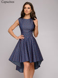 Capucines Ladies Short Before Swallow Tail Dresses Women Sleeveless O-Neck Summer Dress Vintage Printing Party Dress Female
