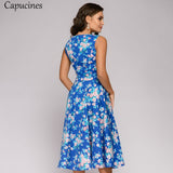 Capucines 2019 Woman Floral Print Summer Dress Elegant Medium Long A-Line Round Neck Sleeveless Casual Party Dress（No Belt）