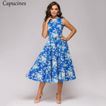 Capucines 2019 Woman Floral Print Summer Dress Elegant Medium Long A-Line Round Neck Sleeveless Casual Party Dress（No Belt）