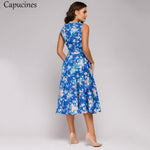 Capucines 2019 Woman Floral Print Summer Dress Elegant Medium Long A-Line Round Neck Sleeveless Casual Party Dress（No Belt）