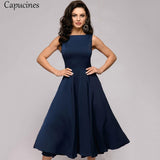 Capucines 2019 Woman Floral Print Summer Dress Elegant Medium Long A-Line Round Neck Sleeveless Casual Party Dress（No Belt）