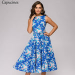 Capucines 2019 Woman Floral Print Summer Dress Elegant Medium Long A-Line Round Neck Sleeveless Casual Party Dress（No Belt）