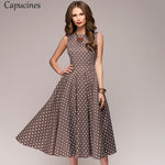 Capucines 2019 Woman Floral Print Summer Dress Elegant Medium Long A-Line Round Neck Sleeveless Casual Party Dress（No Belt）