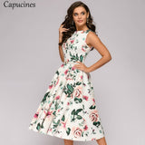 Capucines 2019 Woman Floral Print Summer Dress Elegant Medium Long A-Line Round Neck Sleeveless Casual Party Dress（No Belt）