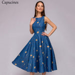 Capucines 2019 Woman Floral Print Summer Dress Elegant Medium Long A-Line Round Neck Sleeveless Casual Party Dress（No Belt）