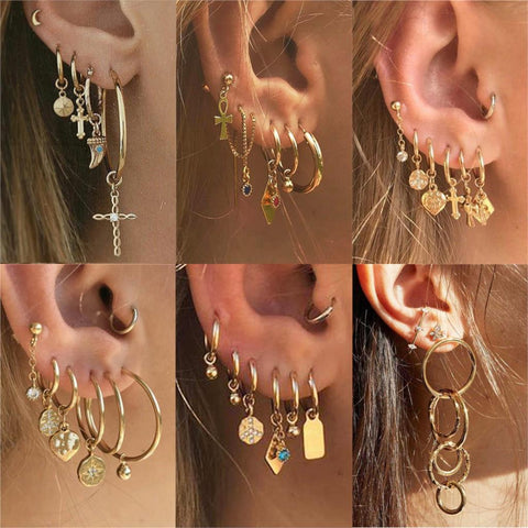 Bohemian Gold Crystal Pearl Earrings Set Women Heart Moon Star Cross Geometric Feather Female Earring Vintage Fashion Jewelry