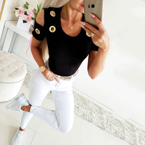 Spring Elegant Thin Knit Shirt Metal Ring Decoration Hollowed Sexy Club Bodycon Top Femme Summer Casual Blue White Women Blouse