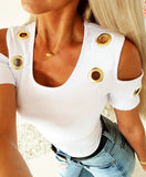 Spring Elegant Thin Knit Shirt Metal Ring Decoration Hollowed Sexy Club Bodycon Top Femme Summer Casual Blue White Women Blouse