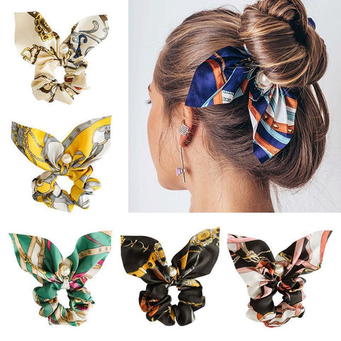 NEW Fashionable Bow Ponytail Hairband Girl's Elastic Hairband Flower Print Hair Accessories Women's Hairband Ribbon Headdress