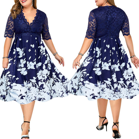 Plus size elegant simple and generous spring and autumn ladies dress high waist slim banquet printed lace patchwork printed shor