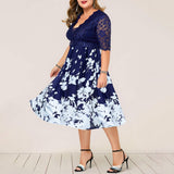 Plus size elegant simple and generous spring and autumn ladies dress high waist slim banquet printed lace patchwork printed shor