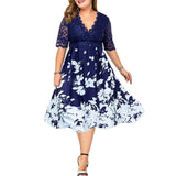 Plus size elegant simple and generous spring and autumn ladies dress high waist slim banquet printed lace patchwork printed shor