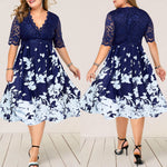 Plus size elegant simple and generous spring and autumn ladies dress high waist slim banquet printed lace patchwork printed shor