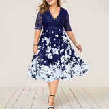 Plus size elegant simple and generous spring and autumn ladies dress high waist slim banquet printed lace patchwork printed shor