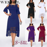 Women Plus Size Summer Lace Floral Dress Ladies Short Ruffles Sleeve Off Cold Shoulder O Neck Party Dress Long Maxi Dress 5XL