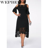 Women Plus Size Summer Lace Floral Dress Ladies Short Ruffles Sleeve Off Cold Shoulder O Neck Party Dress Long Maxi Dress 5XL