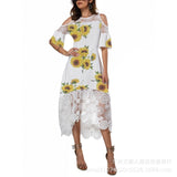 Women Plus Size Summer Lace Floral Dress Ladies Short Ruffles Sleeve Off Cold Shoulder O Neck Party Dress Long Maxi Dress 5XL