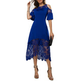 Women Plus Size Summer Lace Floral Dress Ladies Short Ruffles Sleeve Off Cold Shoulder O Neck Party Dress Long Maxi Dress 5XL