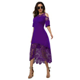 Women Plus Size Summer Lace Floral Dress Ladies Short Ruffles Sleeve Off Cold Shoulder O Neck Party Dress Long Maxi Dress 5XL