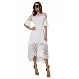 Women Plus Size Summer Lace Floral Dress Ladies Short Ruffles Sleeve Off Cold Shoulder O Neck Party Dress Long Maxi Dress 5XL