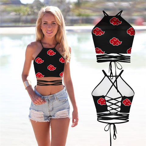 Anime NARUTO Vest Akatsuki Cosplay Costume Print Crop Top Uchiha Itachi Navel Bare Vest Stylish Ladies Lace-up Camisole Tops