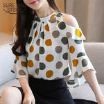 Blusas Mujer De Moda 2020 Summer Korean Style Women's Blouse Short Sleeve Bottoming Shirt Polka Dot Off-Shoulder Tops 9023 50