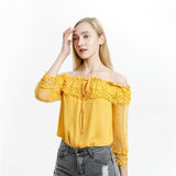 Fashion Elegant Women Shirt Crochet Slim Tops Lace Patchwork Embroidery Nine Quarter Sleeve Office Yellow Blouse