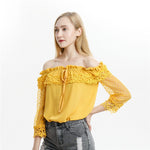 Fashion Elegant Women Shirt Crochet Slim Tops Lace Patchwork Embroidery Nine Quarter Sleeve Office Yellow Blouse