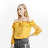 Fashion Elegant Women Shirt Crochet Slim Tops Lace Patchwork Embroidery Nine Quarter Sleeve Office Yellow Blouse