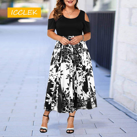 ICCLEK 2020 S-7XL  Plus Size Dresses Evening Party Summer Maxi Women Dress Large Ladies Short Sleeve Floral Printed Elegant Gift