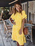 Summer Plus Size Shot Sleeve Midi Dress Women Dot Print Casual Elegant Sundress Evening Party Beach Pleated Dresses Tunic Robe