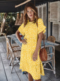 Summer Plus Size Shot Sleeve Midi Dress Women Dot Print Casual Elegant Sundress Evening Party Beach Pleated Dresses Tunic Robe