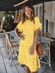 Summer Plus Size Shot Sleeve Midi Dress Women Dot Print Casual Elegant Sundress Evening Party Beach Pleated Dresses Tunic Robe