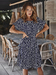 Summer Plus Size Shot Sleeve Midi Dress Women Dot Print Casual Elegant Sundress Evening Party Beach Pleated Dresses Tunic Robe