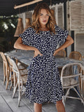 Summer Plus Size Shot Sleeve Midi Dress Women Dot Print Casual Elegant Sundress Evening Party Beach Pleated Dresses Tunic Robe