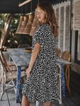 Summer Plus Size Shot Sleeve Midi Dress Women Dot Print Casual Elegant Sundress Evening Party Beach Pleated Dresses Tunic Robe