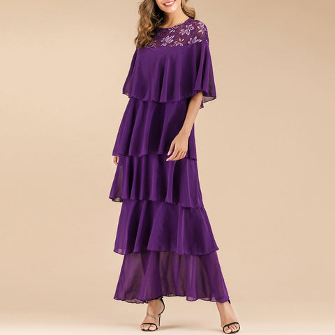 sweet women purple layered dress summer short half sleeve plus size long evening party dresses female casual tiered maxi vestido