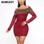 Lace Insert Bodycon Dress Women Off Shoulder Long Sleeve Spring Fall Mini Dresses Solid Slim  Club Dress