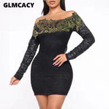 Lace Insert Bodycon Dress Women Off Shoulder Long Sleeve Spring Fall Mini Dresses Solid Slim  Club Dress