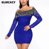 Lace Insert Bodycon Dress Women Off Shoulder Long Sleeve Spring Fall Mini Dresses Solid Slim  Club Dress