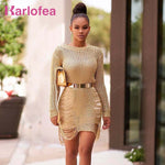 Karlofea Gold Metallic Mini Dress For Female Autumn Sexy Knitted Sweater Dresses Side Cut Out Fashion Outfits Thin Beach Vestido