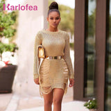 Karlofea Gold Metallic Mini Dress For Female Autumn Sexy Knitted Sweater Dresses Side Cut Out Fashion Outfits Thin Beach Vestido