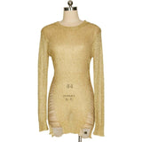 Karlofea Gold Metallic Mini Dress For Female Autumn Sexy Knitted Sweater Dresses Side Cut Out Fashion Outfits Thin Beach Vestido