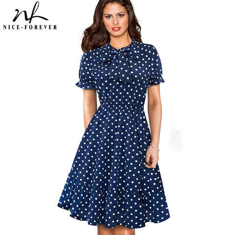 Nice-forever Retro Vintage Polka Dots Pinup Puff Sleeve vestidos Business Party Female Flare Swing Women A-Line Dress A141