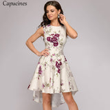 Capucines Ladies Short Before Swallow Tail Dresses Women Sleeveless O-Neck Summer Dress Vintage Printing Party Dress Female